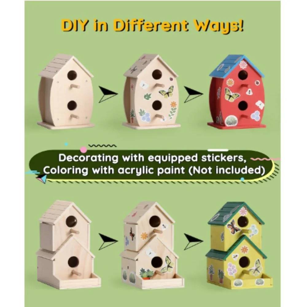 DIY - Unfinished Wooden Birdhouse Kit for Kids to Build & Paint w/ Stickers